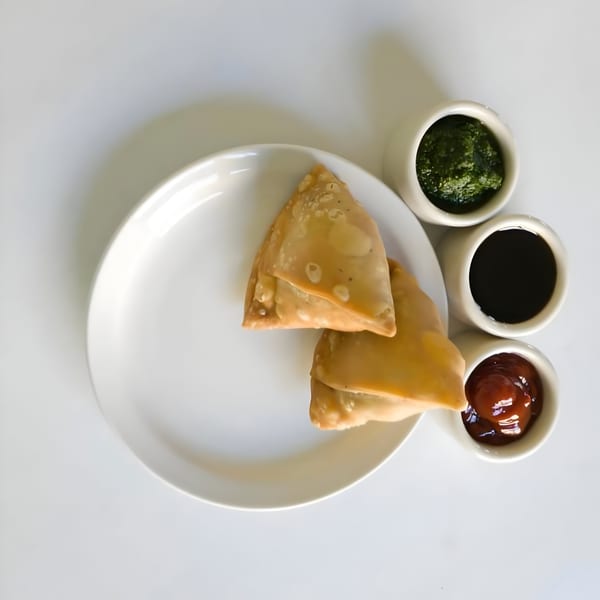 Golden-brown Indian samosas on a white plate, served with three small bowls of dipping sauces.