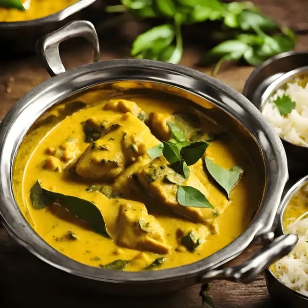 A metal handi bowl filled with vibrant yellow Indian curry, garnished with fresh green herbs, next to rice.