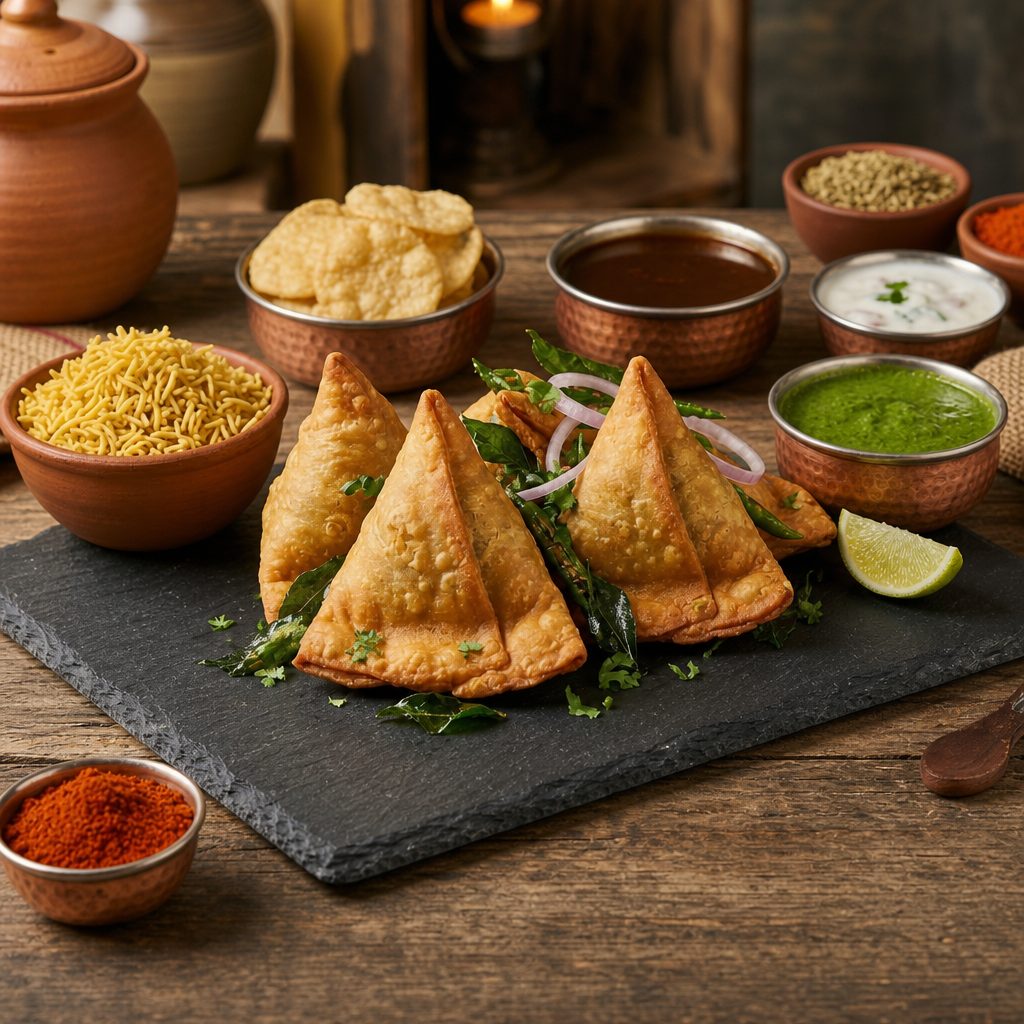 Samosa Trio (1Veg/1 Goat/2 Chicken).